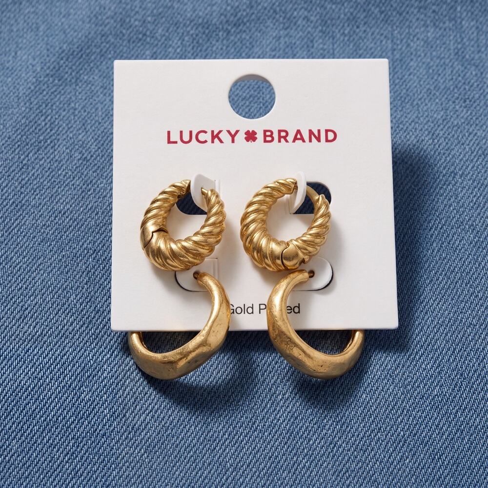 Lucky Brand NWT Gold Plated Textured Double Hoop Statement Earrings